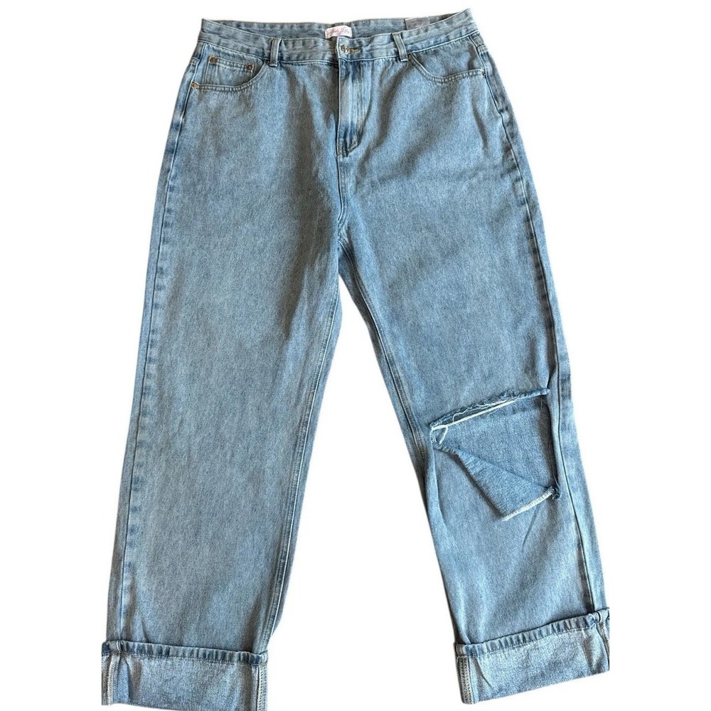 Baggy High Rise Wide Leg Distressed Jeans Pink Lily Light Wash Denim Size 32